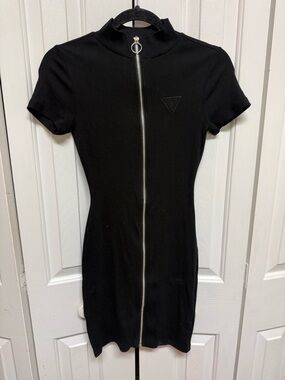 Guess Black Short-Sleeve Front Zip Bodycon Mini Dress